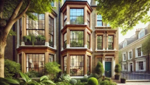 Historic British Georgian building surrounded by greenery, featuring timber sash windows with vacuum glazing. The windows seamlessly integrate modern energy efficiency while preserving the traditional character of the property.