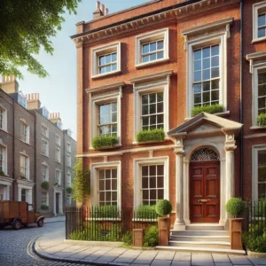 Georgian townhouse in the UK featuring symmetrical red brick architecture with timber sash windows showcasing slim profiles, ideal for illustrating vacuum glazing. The scene includes a classic wooden door, cobblestone pathway, and surrounding greenery, blending heritage preservation with modern energy efficiency.