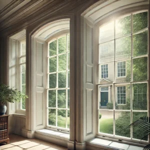 The image depicts an elegant, historic sash window in a traditional British home, seamlessly integrating modern vacuum glazing. The slim timber frame retains the original charm, while soft daylight streams through, highlighting the clarity and seamlessness of the glass. The exterior showcases a classic heritage building surrounded by greenery, perfectly capturing the harmony between tradition and energy-efficient innovation.