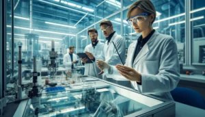 A team of scientists in a modern research laboratory in Germany, wearing lab coats and safety glasses, examining vacuum glazing samples. A female scientist holds a thin glass pane up to the light while others record data and discuss findings. The lab is well-lit, equipped with high-tech instruments, and focused on precision research.